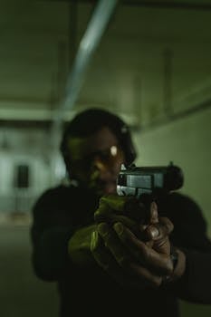 Man aiming a handgun at a shooting range, wearing protective gear in a dimly lit environment.